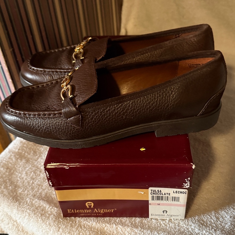 Etienne Aigner Dark Brown Leather Loafers with Gold Tone Hardware - Picture 2 of 6
